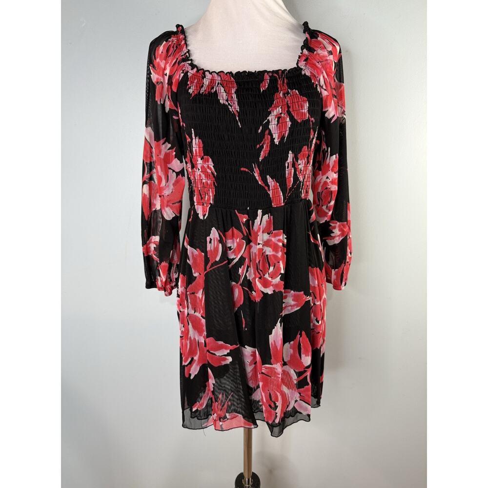 INC Top‎ Womens 1x Floral Babydoll Y2K 90s Mesh Sheer Tunic Black Floral Top